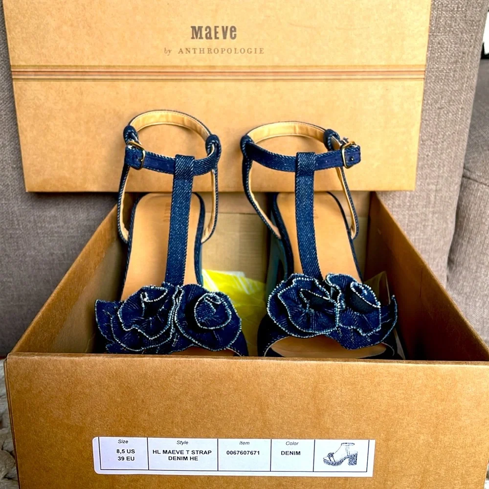 Maeve Two-Tone Denim Platform Sandals with Rosette